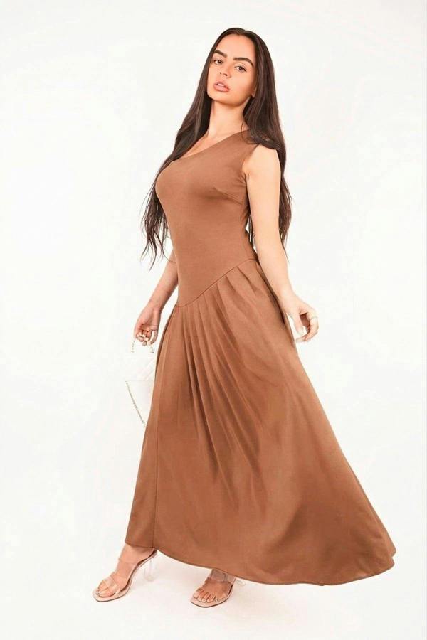 Tylah Short Sleeve Pleated Relaxed Maxi Dress - Brown