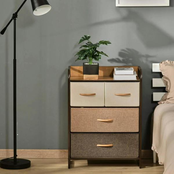 4-drawer tower dresser with wood top, cream and dark fabric drawers, curved wooden handles
