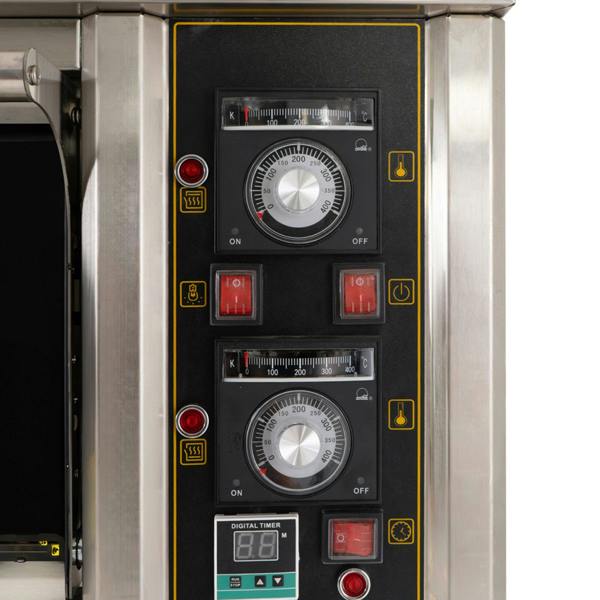 Control panel of the KuKoo Large Commercial Pizza Oven featuring dials, digital timer, and indicator lights for precise baking