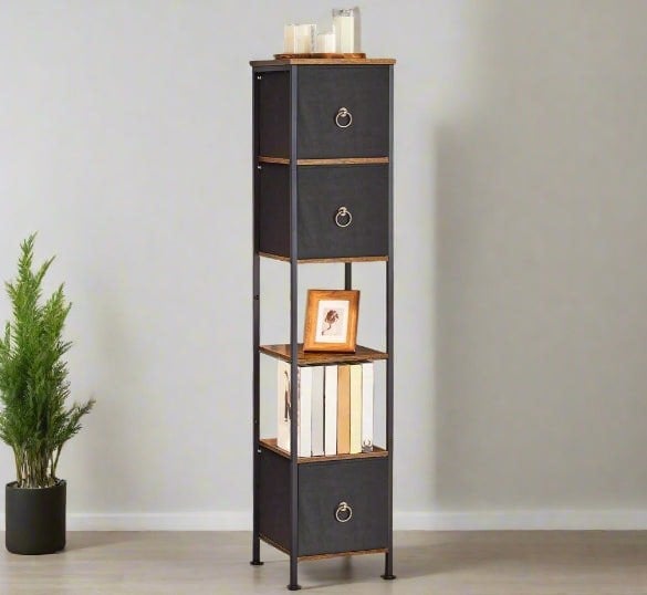 Modcraft Tall Narrow Corner Storage Cabinet – 3 Fabric Drawers & 2 Open Shelves, Slim Bathroom Unit
