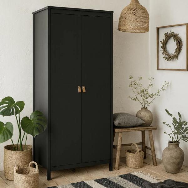 Wyld Haus Wildberry Black Matt Wooden Wardrobe 2 Doors Leather Handles