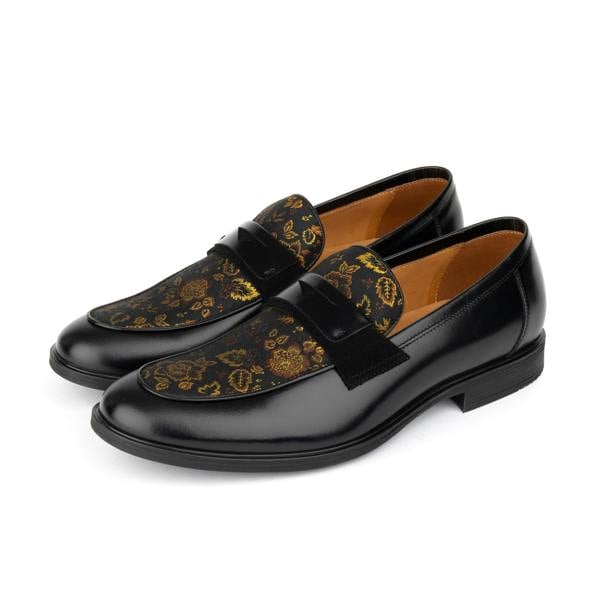 Embassy London Gosselin - Black & Yellow Flowers - Men's leather loafer with jaquard details