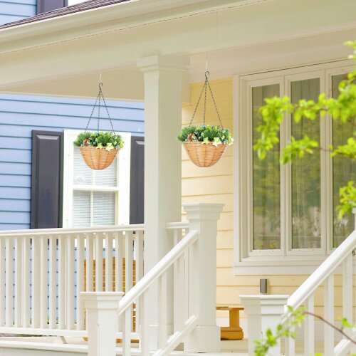 Wyld Haus Kabane Set Of 2 Hanging Artificial Lisianthus Floral Baskets With Pinecone Detail Green