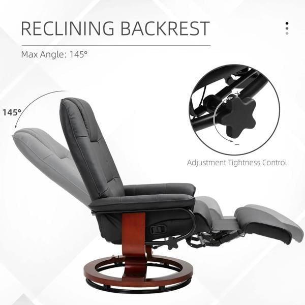 Black reclining swivel chair with adjustable backrest and padded headrest