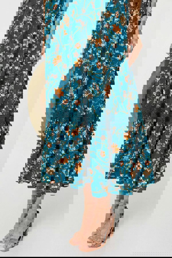 Teal | Floral Cap Sleeve Lace Trim Maxi Dress
