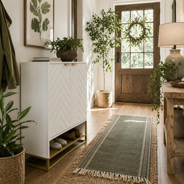 Wyld Haus Cosu White Wooden Chevron Shoe Cupboard With Bottom Shelf and Gold Accents For 12 Pairs