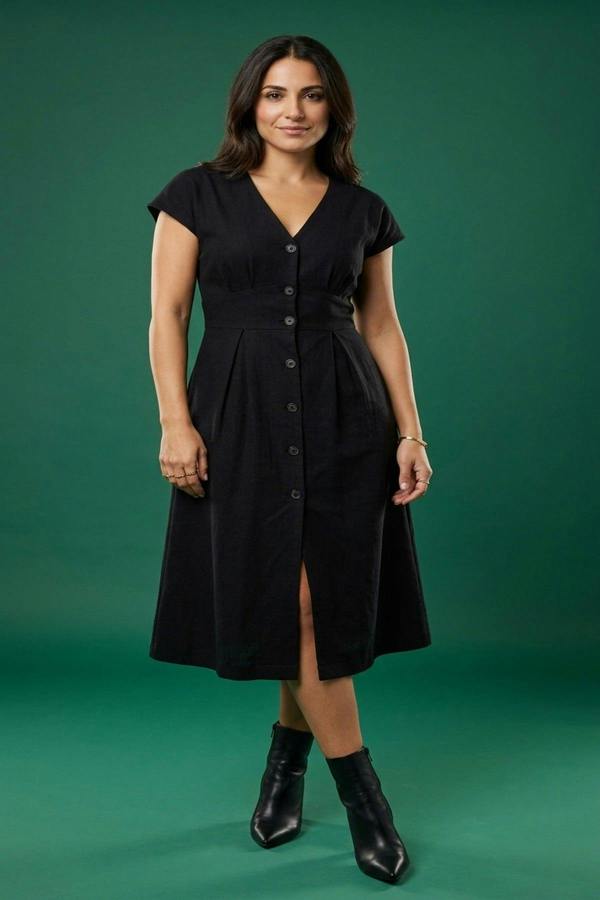 Reeva Button Down Cap Sleeve Midi Dress - Black