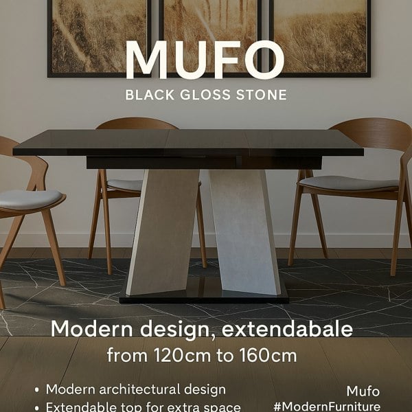 PHD Furniture Modern Extendable Dining Table 120-160x90 MUFO Black Gloss Concrete Effect