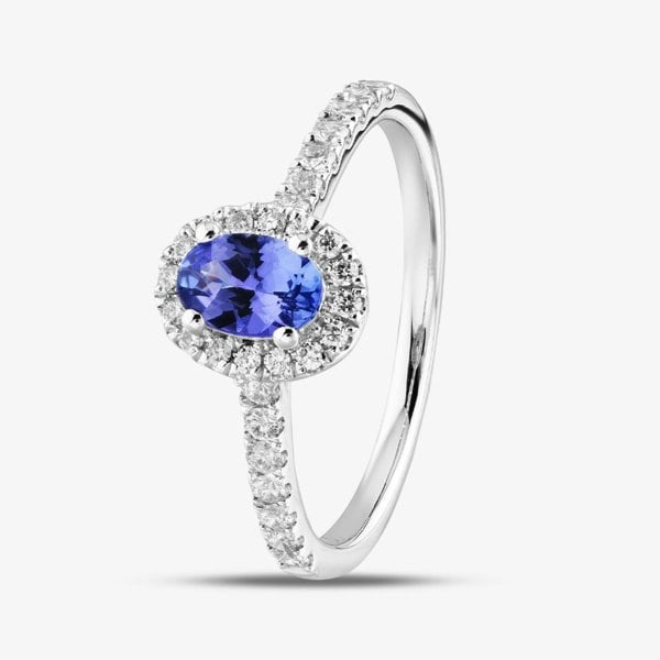 T. H. Baker 18ct White Gold Oval Cut Tanzanite & Diamond Shoulder Set Halo Ring R57197W-TZ M
