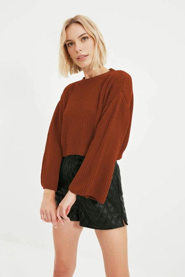 WOVCOR Crop Knit Sweater with Spanish Sleeve