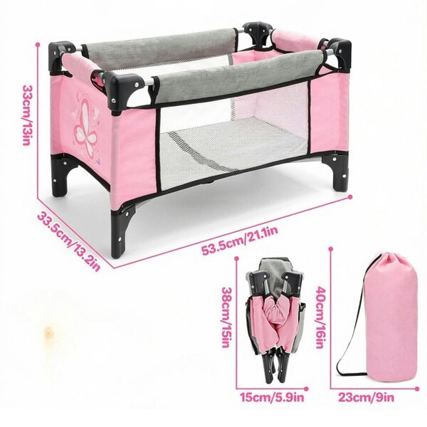 deAO Toys Foldable Baby Doll Crib with Storage Bag – Doll Bed for 15–18" Dolls Ages 3+ (Doll Not Included)