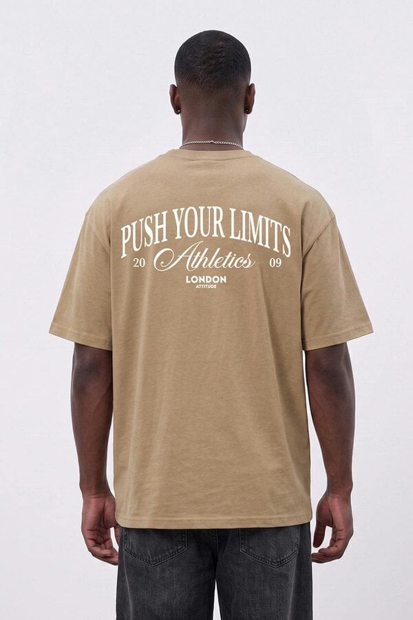 London Attitude Push Your Limits Oversized Heavyweight T-Shirt in White Print - Sand