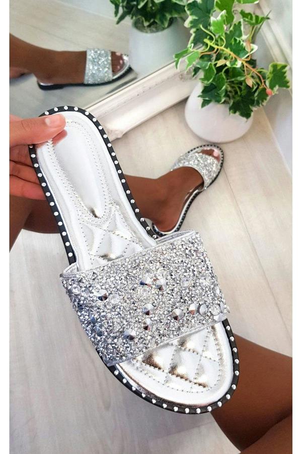 Sofie Embellished Slip On Sandals - Silver