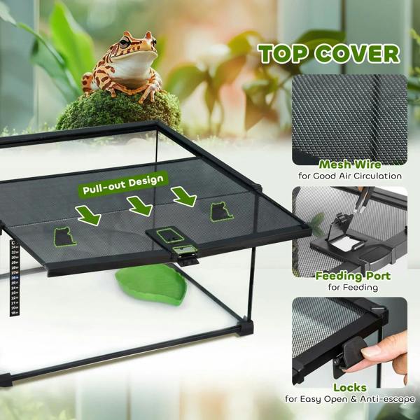 Black glass terrarium top cover with mesh wire and pull-out feeding port
