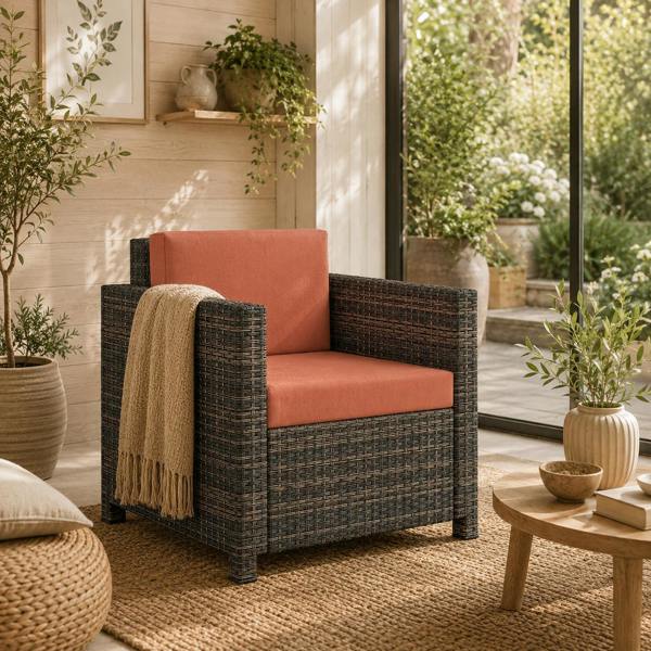 Wyld Haus Noette Faux Rattan Brown And Orange Garden Armchair With Cushion
