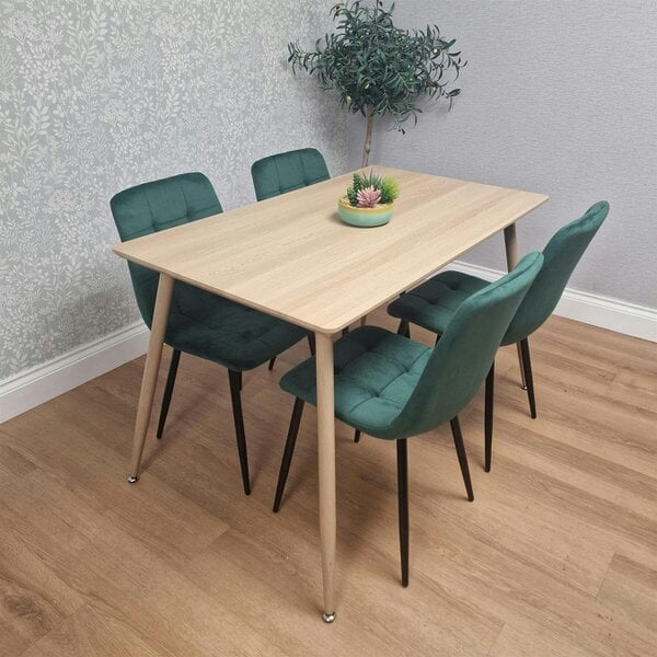 Kosy Koala Modern Wood Effect Dining Table Set With 4 Green Velvet Chairs Dining Room Furniture