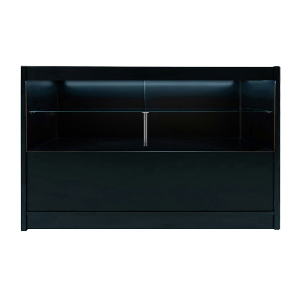 Sleek black LED retail shop counter C1500 with a glossy finish, spacious interior, and illuminated display area for products