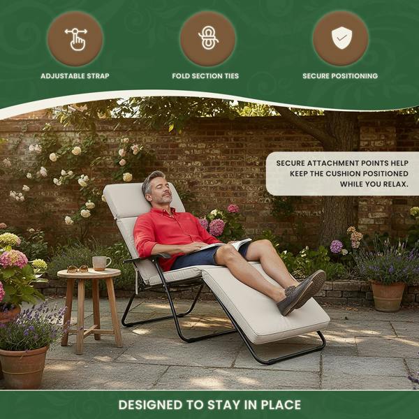 Steamer Chair Cushion – Outdoor Garden Seat Pad with 6cm Padding, Washable Cover & Adjustable Straps, Beige, 49cm Wide