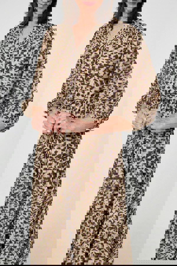 Brown | Animal Print 3/4 Puff Sleeve Midi Dress
