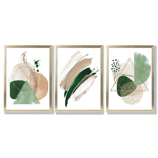 Abstract Set of 3 Sage Green and Beige Framed Art Prints with Gold Wood Frames