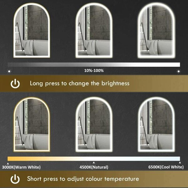 Bobobiy 90 x 60 cm Bathroom Mirror with LED Lights, Anti-Fog Arched Vanity Mirror with 3 Colour Dimmable, Gold Tone