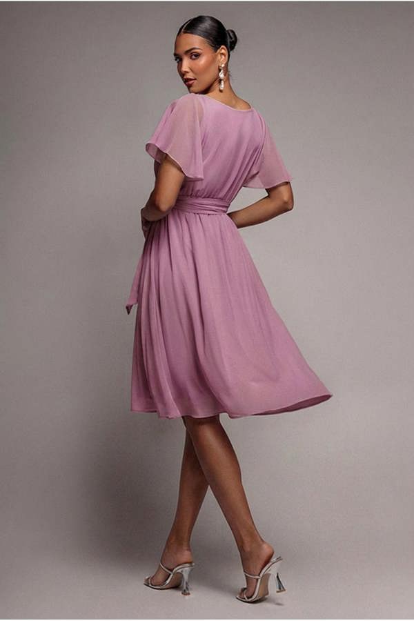 Sustainable Flutter Sleeve Chiffon Wrap Midi Dress - Lavender DR2555BBS