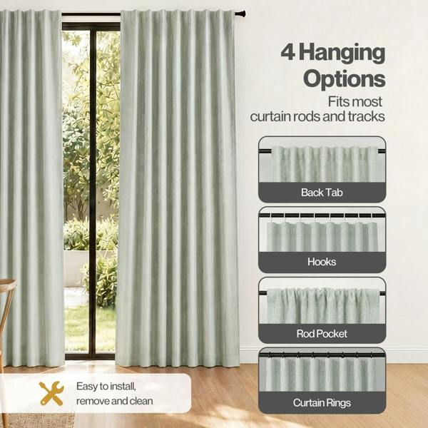 Marlow 100% Blackout Curtains Thermal Linen Look Pair Ready Made 46x72 in Green