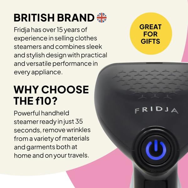 A promotional image for Fridja’s Commercial Garment Care Trio—f1600 Steamer, f10 Handheld & f40 Fabric Shaver—spotlights the British brand and gift appeal, with the sleek black design and blue power button emphasizing its commercial garment care benefits.