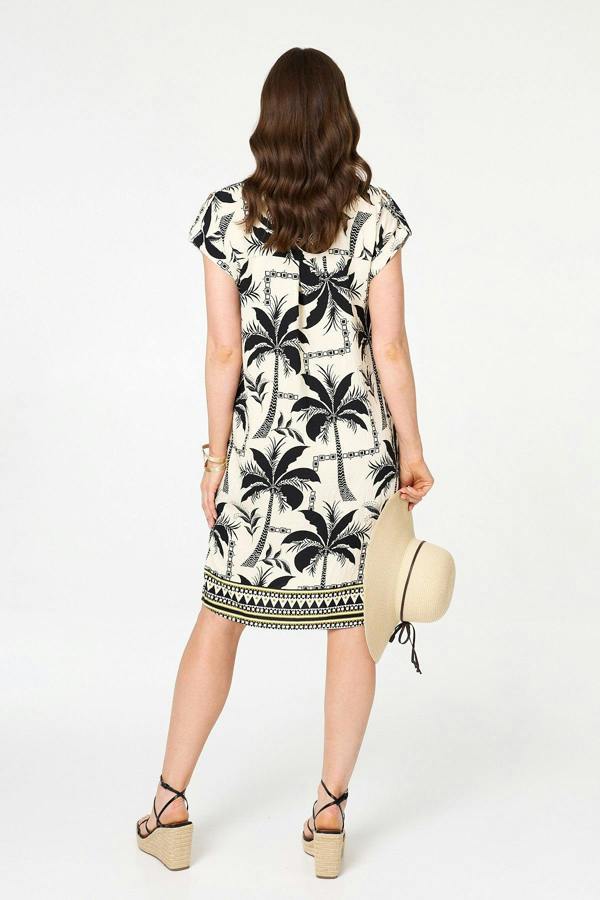 Black | Tropical Cap Sleeve Knee Length Dress