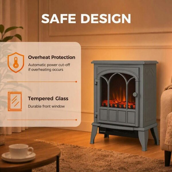 Freestanding Electric Fireplace, Electric Log Burner with LED Flame Effect, Overheating Safety System, 1000W/2000W Grey