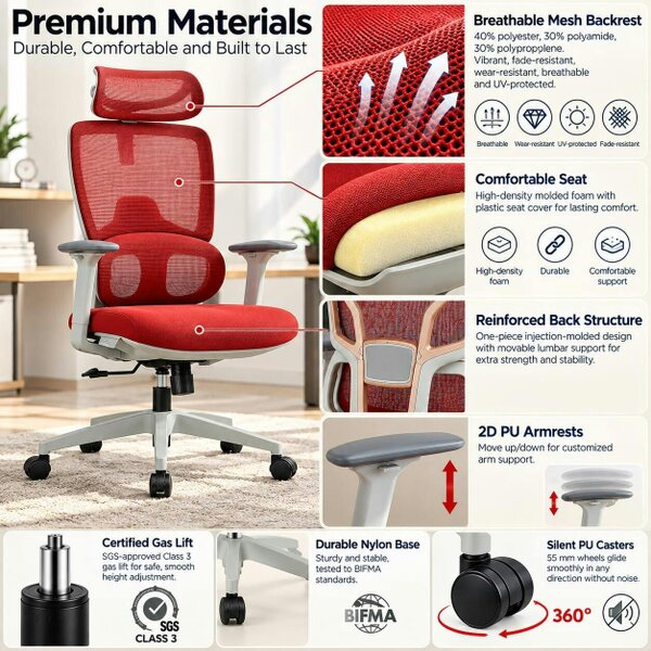HOMEWEDO  Ergonomic Office Chair with 4D Headrest, Movable Lumbar Support