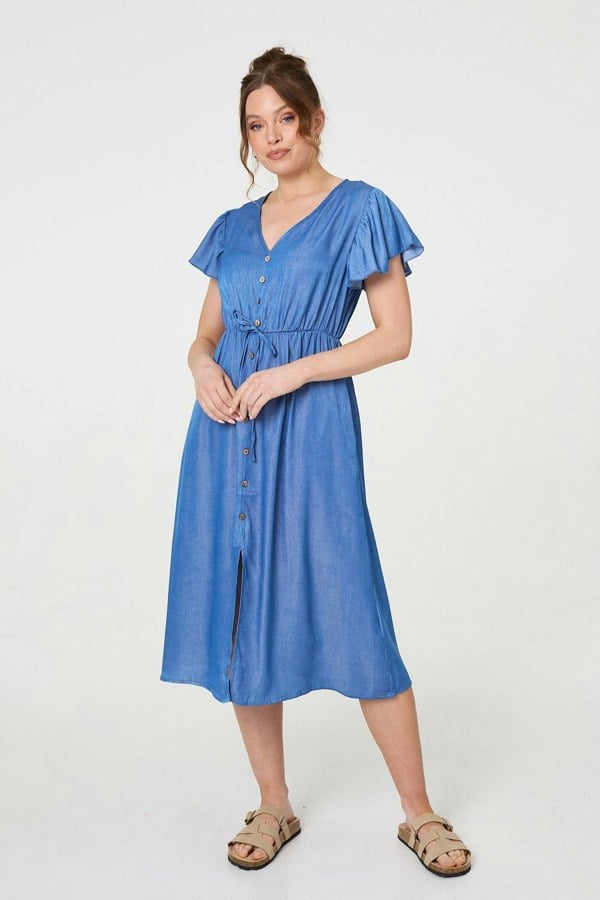 Blue | Short Sleeve Drawstring Waist Midi Dress
