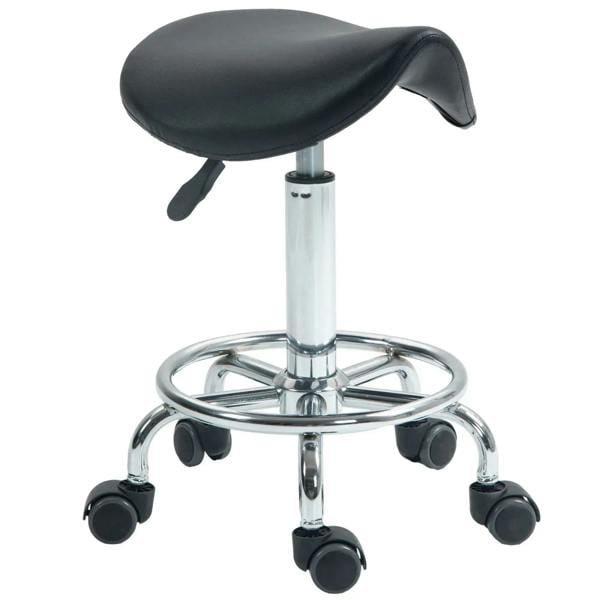 Black rolling saddle stool with cushioned seat and swivel base on caster wheels