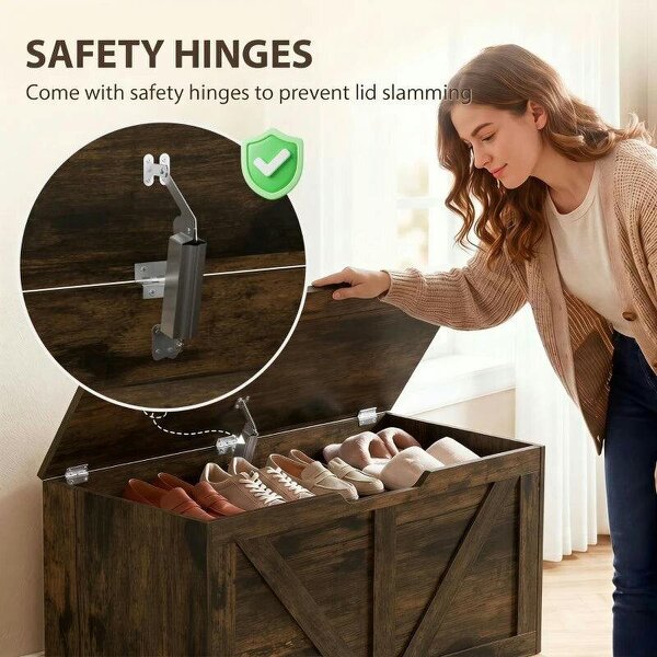 100L Home Storage Box, with Safety Hinge - Rustic Brown Wood-Effect