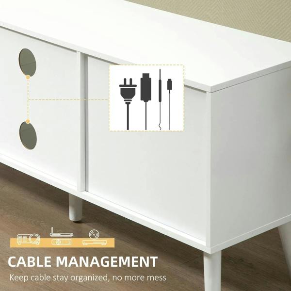 White TV cabinet base showing cable access area beneath the top panel