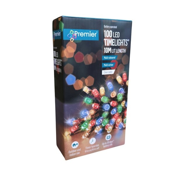 Samuel Alexander 100 LED 10m Premier Christmas Outdoor Multi Function Battery Lights with Timer & Clear Cable in Multicoloured