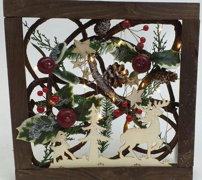 Prelit Wooden Square Frame Tabletop Decorations Xmas with Leaves Pine Cones Berries 3D Nordic Scene,30cm image 5