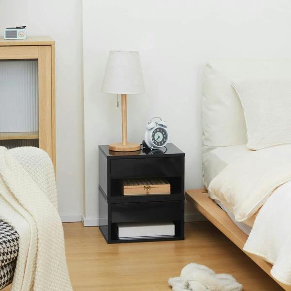 High-gloss black bedside table with open shelf, holding clock and book