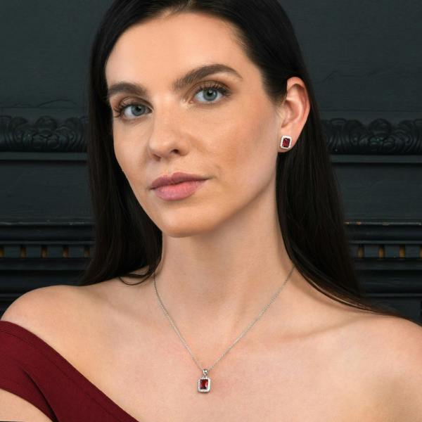 namana 925 Sterling Silver Emerald Cut Red Halo Pendant Necklace For Women