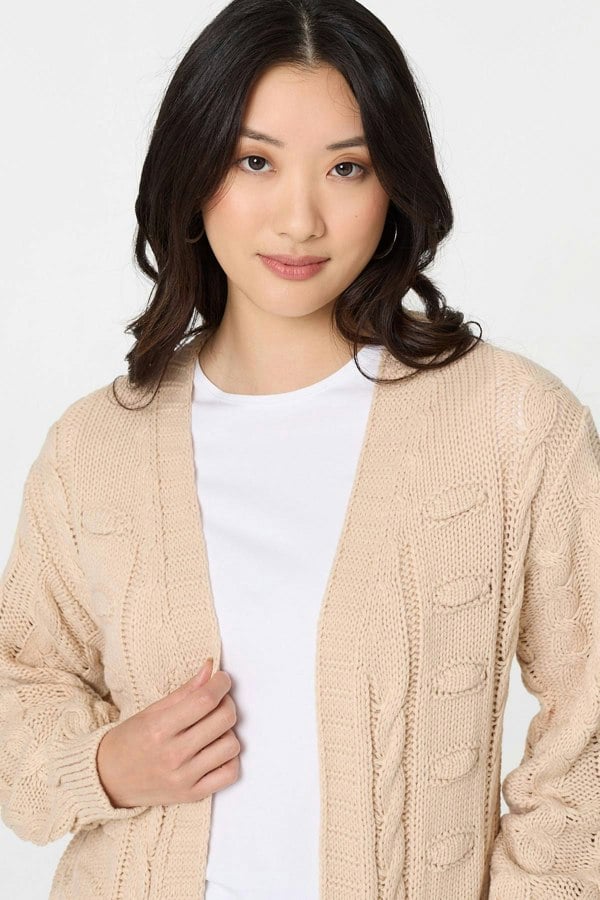 Beige | Longline Cable Knit Texture Cardigan

