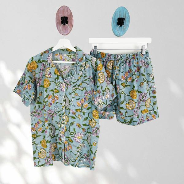 Hayley & Co Pale Blue Block Print Floral 100% Cotton Short Pyjama Set