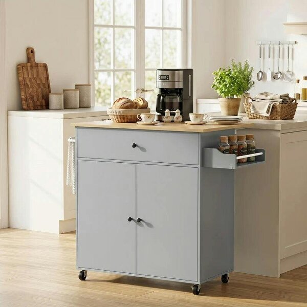 Kitchen Island with Drop Leaf, Rolling Kitchen Storage Trolley on Wheels with Drawer, Spice Rack and Towel Rack, Grey