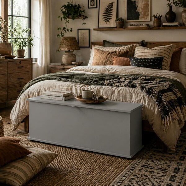 Wyld Haus Fito Vima Grey Wood Storage Trunk With Flip Top Lid And Safety Hinges 113 Litre