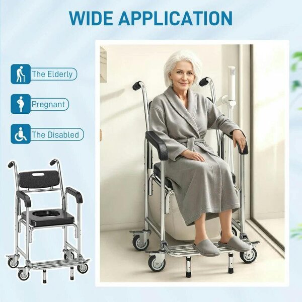 Transport Beside Shower Chair, 3-in-1 Commode Chair with Wheels and Padded Seat, Black