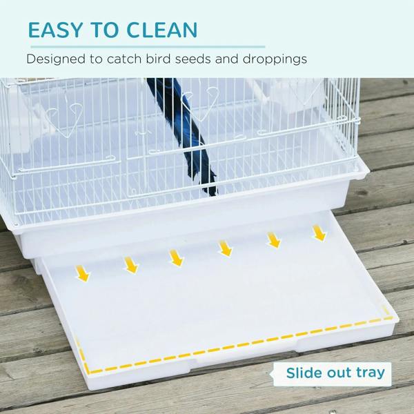 Large white metal bird cage with slide-out bottom tray for droppings and seed