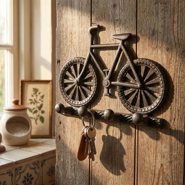 Vintage bicycle key hook mounted on rustic wall with keys hanging, showcasing detailed cast iron design in cozy kitchen setting.