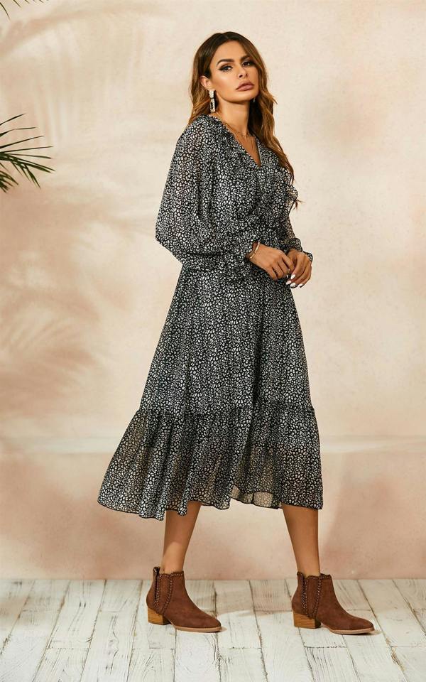 FS Collection Ruffled Chiffon Mini Dress In Black & White Leopard Print
