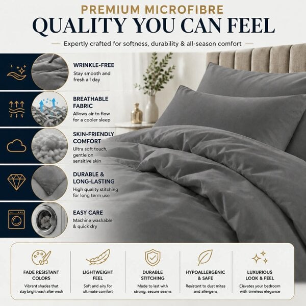 Night Zone Microfibre Duvet Cover Set – Ultra Soft Brushed Easy Care Bedding with Pillowcases - Grey