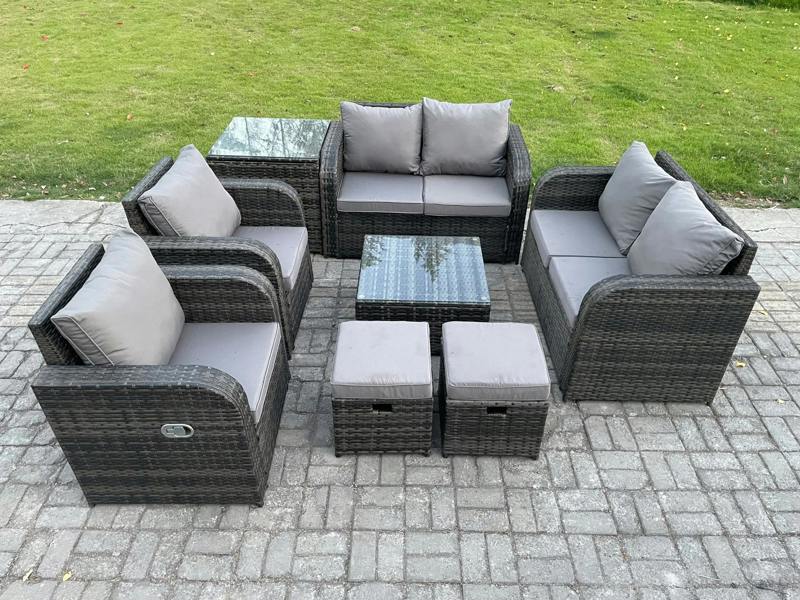Fimous 8 Seater Rattan Sofa Set, Outdoor Garden, Coffee Table, Loveseat Sofa, Reclining Chairs, Side Table & 2 Small Footstools, Dark Grey Mixed