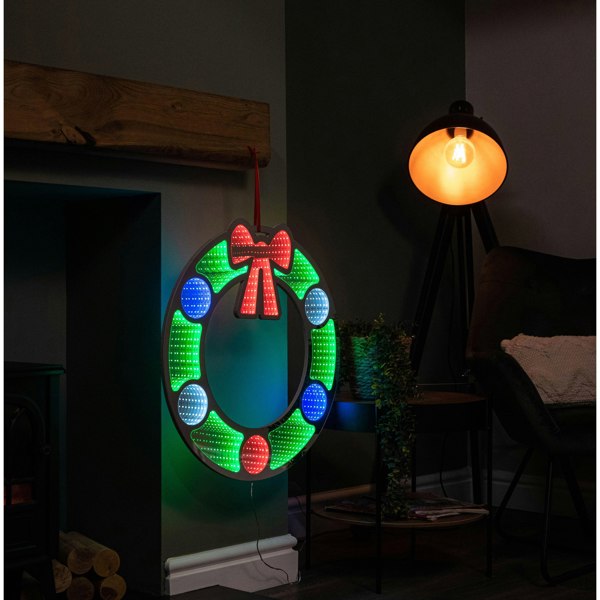 Samuel Alexander 60cm Light up Hanging Christmas Wreath Infinity Mirror with Multi-Coloured LEDs